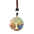 Detailed macro view of resin Tree of Life pendant featuring colorful natural crystal stones - Tree of Life Golden Metal Style (3-11)