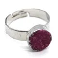 Adjustable silver ring with round magenta druzy natural stone for DIY jewelry craft - Silver Rose Red Druzy Style (O)