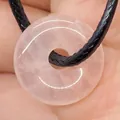 Natural pink quartz donut pendant necklace with adjustable black braided cord - Rose Quartz