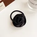 Elegant black satin rose flower scrunchie with high elasticity hair band for women - Black