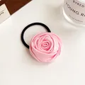 Elegant pink satin rose hair tie with high elastic black band for women's hairstyles - Light Pink