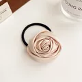 Elegant champagne satin rose flower hair tie with high-elastic black rubber band for women - Apricot