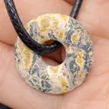Natural stone donut pendant necklace with unique fossil patterns on black woven cord - Patterned Stone (No.18)
