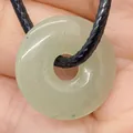 Light green natural stone donut pendant necklace with adjustable black braided cord - Light Green Jade (No.25)