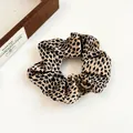 Classic beige leopard print hair scrunchie with silk-like satin texture and elastic band - Brown