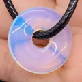 Handcrafted opalite donut pendant necklace with an adjustable black woven cord - Opal