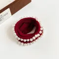 Elegant wine red velvet hair scrunchie with white faux pearl trim for high ponytail - Red