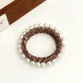 Elegant brown leopard print scrunchie featuring white pearl trim and high elasticity - Coffee Lines Pattern