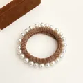 Brown leopard print elastic hair scrunchie with white faux pearls for ponytails - Light Coffee Stripes