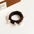 Dark brown multi-strand hair tie featuring elegant assorted white pearls for women - Dark Brown