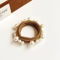 Brown elastic hair tie with assorted white faux pearls for minimalist hairstyles - Coffee