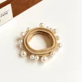 Khaki high-elastic hair tie featuring multiple white pearls for minimalist hair styling - Khaki