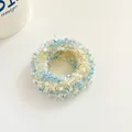 Blue and cream yellow fuzzy hair tie with a textured wavy design for high ponytails - Blue