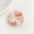 Pink and white knit elastic scrunchie for ponytails with soft pleated fabric texture - Pink