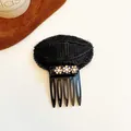 Invisible black hair volume insert with rhinestone flowers for high cranial top hairstyle - Champagne
