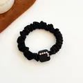 Black scrunchie hair tie with high-elastic fabric and square rhinestone charm decoration - Square-Black