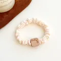 Milk coffee color elastic hair scrunchie with rhinestone square charm detail - Square-Beige