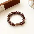 Polka dot lace hair scrunchie in coffee brown with colorful beads and decorative cylinder - Brown