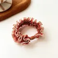 Red and white striped scrunchie with gold lace trim and glossy oval bead detail - Red White Plaid Orange