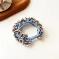 Elastic light blue scrunchie with lace trim and oval bead for elegant hairstyles - Blue and White Plaid Blue