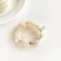 Elegant cream organza pleated hair scrunchie with a decorative oval bead for women - Beige