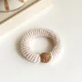 Thick knitted cream white hair tie with rhinestone gold ball charm for ponytail - Off White