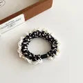 Retro black and white leopard print hair scrunchie with white lace trim and high elasticity - Black