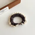 French retro brown leopard print hair scrunchie with ivory lace trim and resin buckle - Dark Coffee