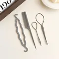 Grey 4-piece hair styling tool set with hair loops, comb and braiding tool for DIY - Gray