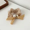 Elegant champagne organza scrunchie with silk bow and imitation pearls for women - Light Coffee