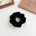 Black velvet hair scrunchie with pearl beads and cream contrast edge design - Black