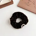 Dark brown velvet scrunchie with pearl beads and cream-white woven edge finish - Dark Coffee