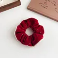 French vintage velvet scrunchie in deep red with wavy edges and delicate bead details - Red