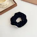 Navy blue velvet scrunchie with white pearl accents and elegant wavy cream trim edges - Navy Blue