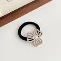 Élastique à cheveux noir avec trèfle doré orné de strass et d'une perle blanche élégante - 03# Or Strass Trèfle