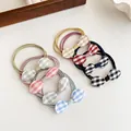 Three-in-one gingham bow hair tie set in various colors with elastic rubber bands - Multicolor