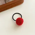 Red pom-pom elastic hair tie with soft faux fur and durable high-stretch black band - Red