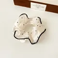 French mesh scrunchie in cream white with black polka dots and wavy edge detail - Polka Dot