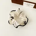 French style white mesh scrunchie with black rose print and elegant contrast piping - Rose