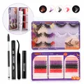 Bunte Halloween Künstliche Wimpern Set mit roten lila weißen Lashes und Kleber - Farbige Cluster Wimpern Mit Werkzeugset (DIY-JMS025+Black Tool)