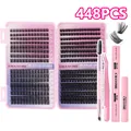 DIY wimperextensie set met 448 clusters, lijm, pincet en wimperverwijderaar - Clusterwimpers en roze gereedschap (DIY-JMS-033 + Roze 4-delige set)