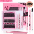 DIY eyelash extension kit with 216 clusters, pink bond and seal glue, and tweezer set - Pink Full Kit (DIY-TZYW-052)