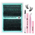 DIY cluster eyelash extension kit with 320 clusters ranging from 9mm to 16mm with tools - Thickened Dense Lashes Set (Includes Glue, Remover, Tweezers, Brush) (DIY-SET-298)