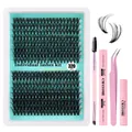 320 clusters DIY eyelash extension kit with 9-16mm mixed lashes, tools and blue packaging - Natural Dense Lashes Set (Includes Glue, Remover, Tweezers, Brush) (DIY-SET-297)