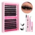 Profi DIY Wimpernverlängerung Kit mit Pinzette und 10-18mm Clustern in Rosa - Wispy Kreuzstil (DIY-SET-314) / Mit Pinzette Bürste Kleber Und Entferner