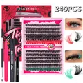 240pcs colorful individual lash clusters with red green DIY extension kit and tools - Black Red Green Mixed Style (DIY-TZYW-066) / 240 Clusters Set