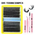DIY eyelash extension kit with 238 cluster lashes, glue, seal, tweezers, and remover - Dense Style (DIY-TZ088) / With Pink Tools