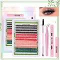 Kit de extensión de pestañas DIY con pegamento y grupos de pestañas rojas y negras - Mezcla Negro/Rojo/Rosa/Verde con Herramientas Rosas