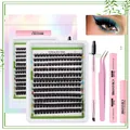 Kit de extensión de pestañas rosa con racimos 10-16mm y pegamento bond y seal - Negro Sólido con Herramientas Rosas