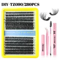 DIY Eyelash Extension Kit with 280 clusters and tools on a yellow tray - Natural Long Style (DIY-TZ090) / With Pink Tools